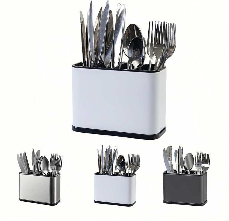 LIBODOUR Utensil Holder,Stainless Steel Caddy Counter,Spoon holder,4 Compartments Silverware Caddy,Capacity Flatware Spoon Fork Tool Cutlery Holder（White） - Image 1